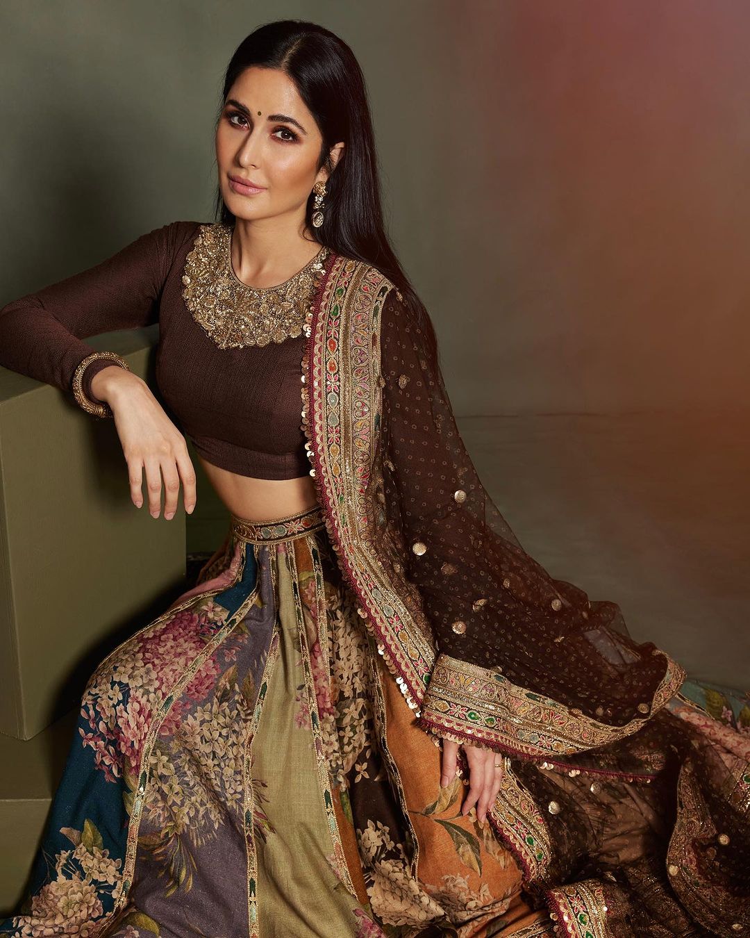 Beautiful Indian Actress Katrina Kaif in Maroon Lehenga Choli